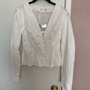 V neck white button up feminine cut